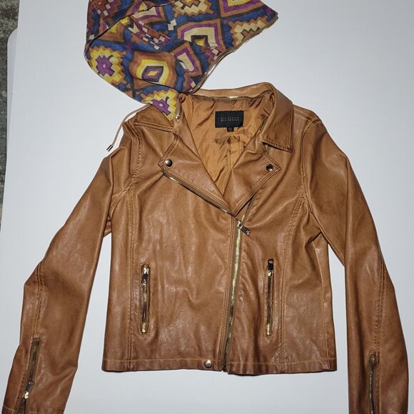 Blu Pepper Womens Brown Faux Leather Biker Jacket with Removable Hood Size Large - Picture 4 of 16